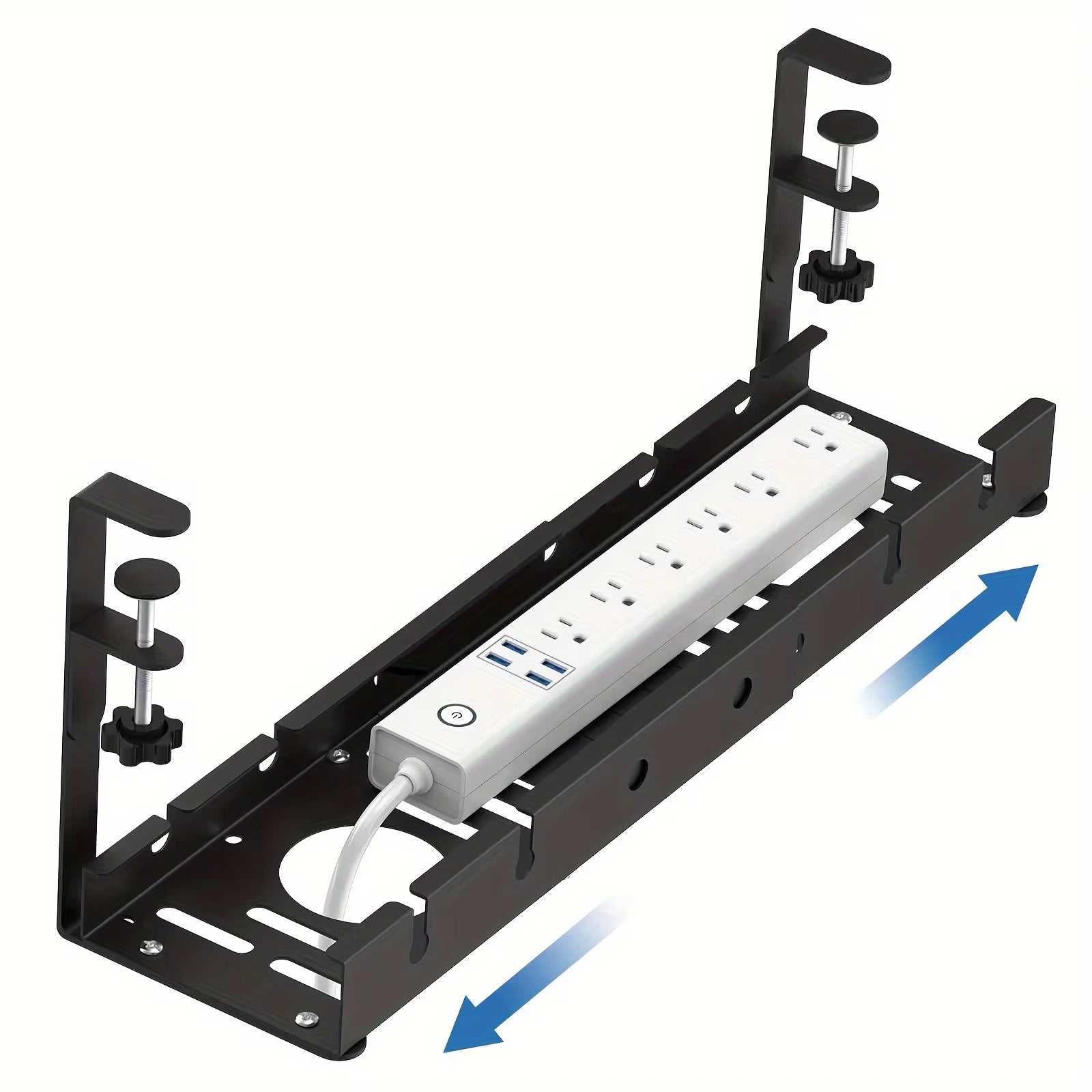 No Drilling Extendable under Desk Cable Management Metal Cable Tray under Desk with Clamp Retractable Power Strip Cord Holder